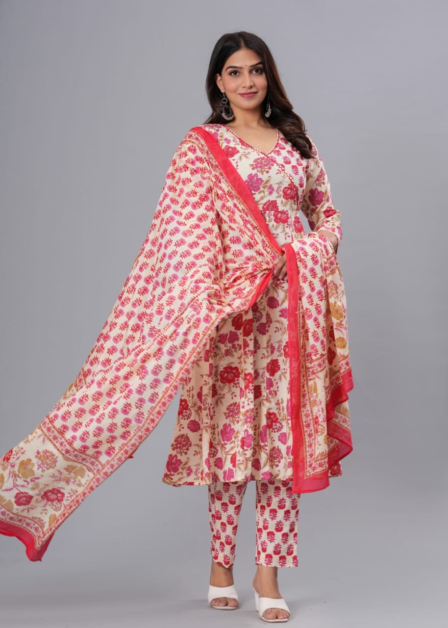 Pink Petal Cotton Suit Set with Dupatta