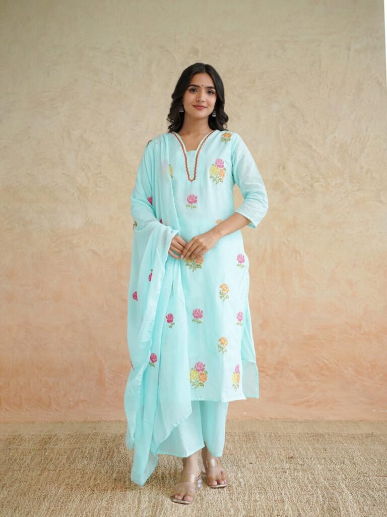 Sky Blue Cotton Kurta Pant Set with Dupatta