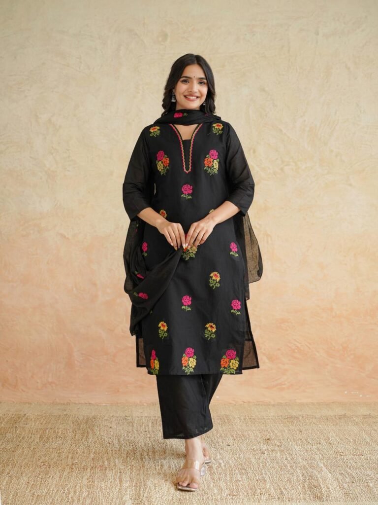 Black Floral Cotton Kurta Set with Dupatta