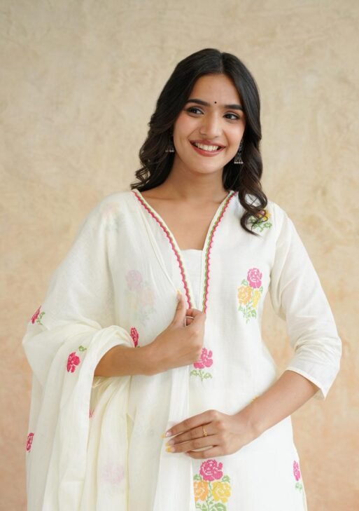 Ivory Floral Cotton Kurta Set with Dupatta
