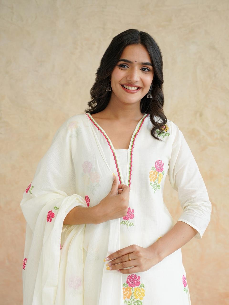 Ivory Floral Cotton Kurta Set with Dupatta