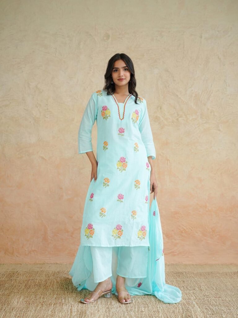 Sky Blue Cotton Kurta Pant Set with Dupatta