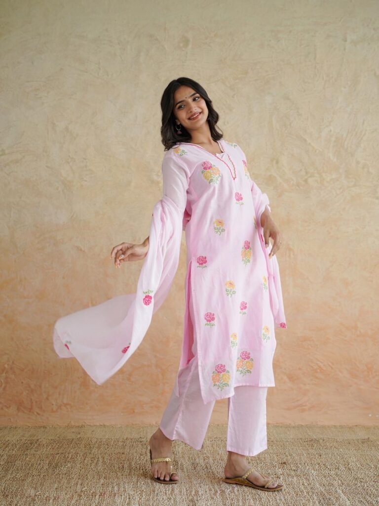Pink Floral Cotton Kurta Pant Set with Dupatta