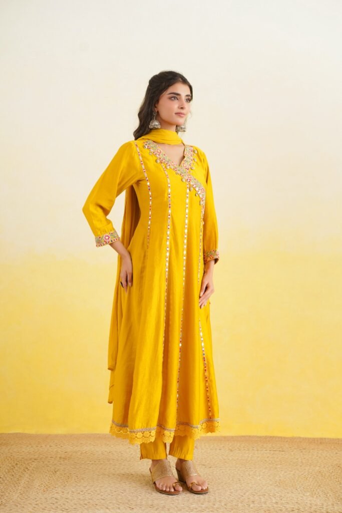 Yellow Embroidered Kurta Pant Dupatta Set for Women