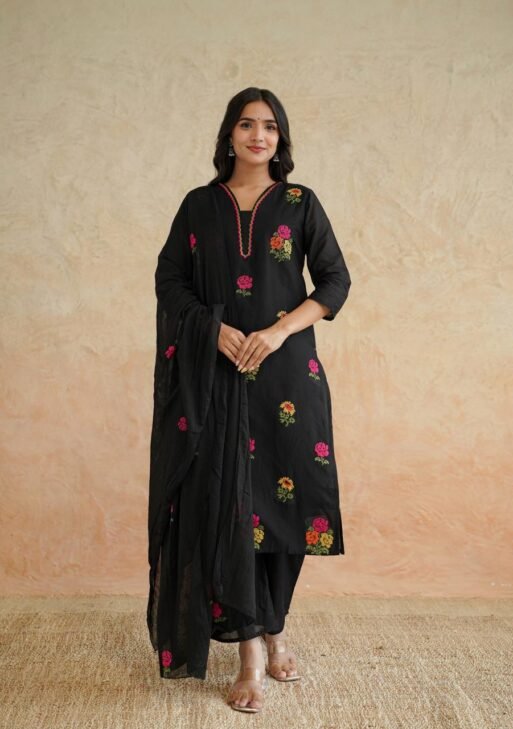 Black Floral Cotton Kurta Set with Dupatta