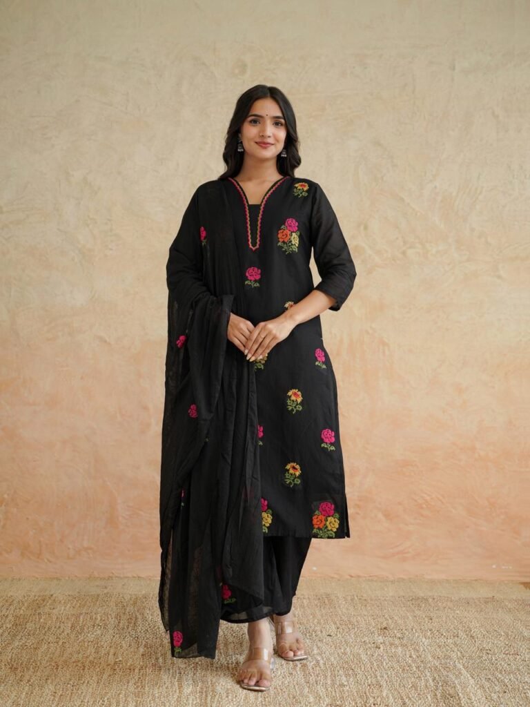 Black Floral Cotton Kurta Set with Dupatta