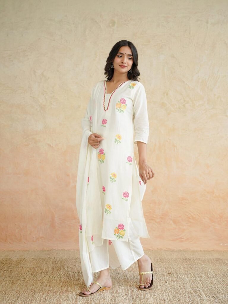 Ivory Floral Cotton Kurta Set with Dupatta