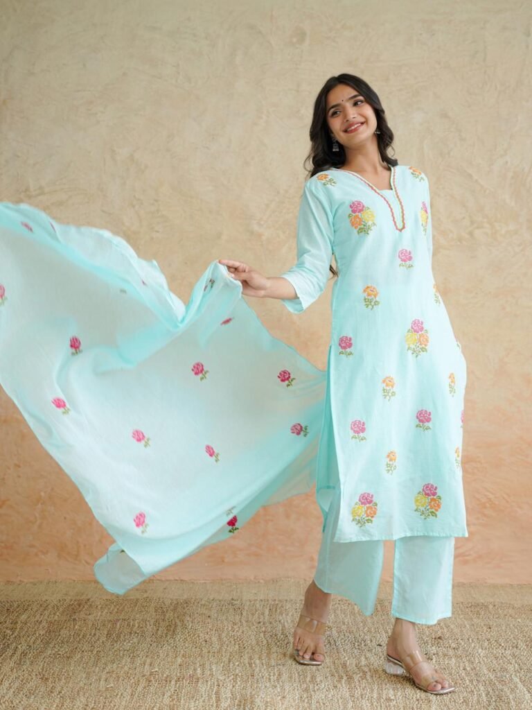Sky Blue Cotton Kurta Pant Set with Dupatta
