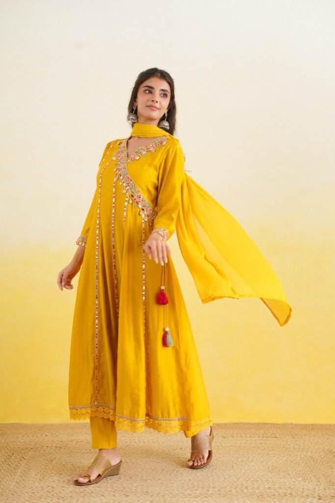 Yellow Embroidered Kurta Pant Dupatta Set for Women