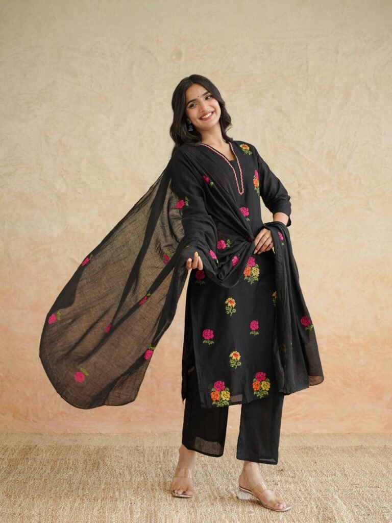 Black Floral Cotton Kurta Set with Dupatta