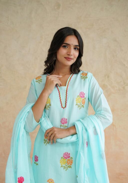 Sky Blue Cotton Kurta Pant Set with Dupatta
