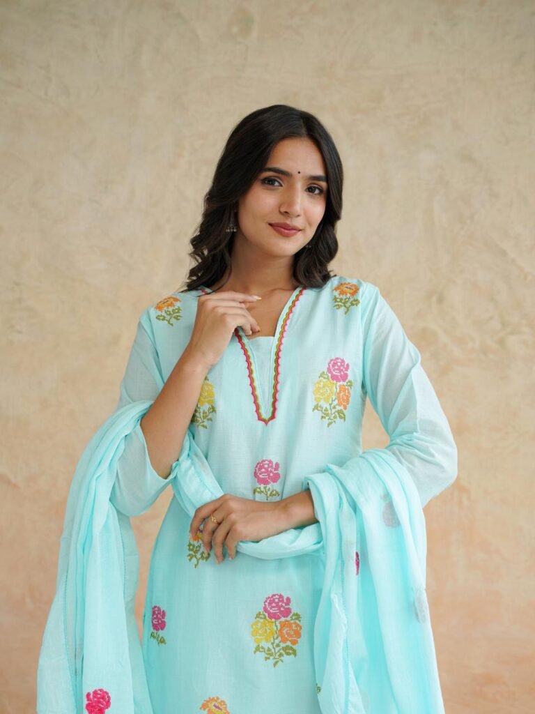 Sky Blue Cotton Kurta Pant Set with Dupatta