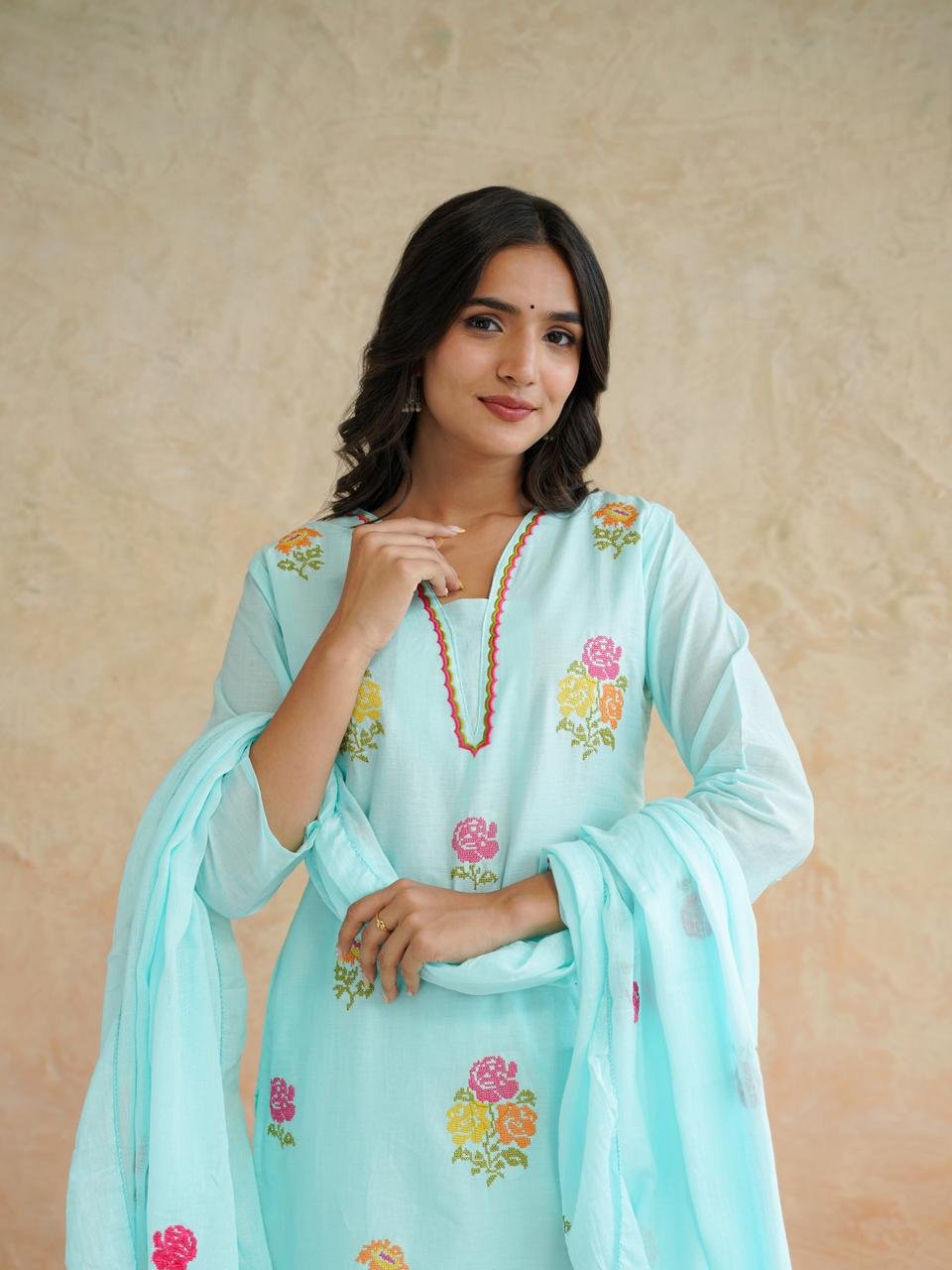 Sky Blue Cotton Kurta Pant Set with Dupatta
