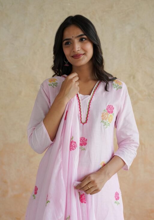 Pink Floral Cotton Kurta Pant Set with Dupatta