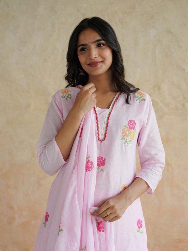 Pink Floral Cotton Kurta Pant Set with Dupatta