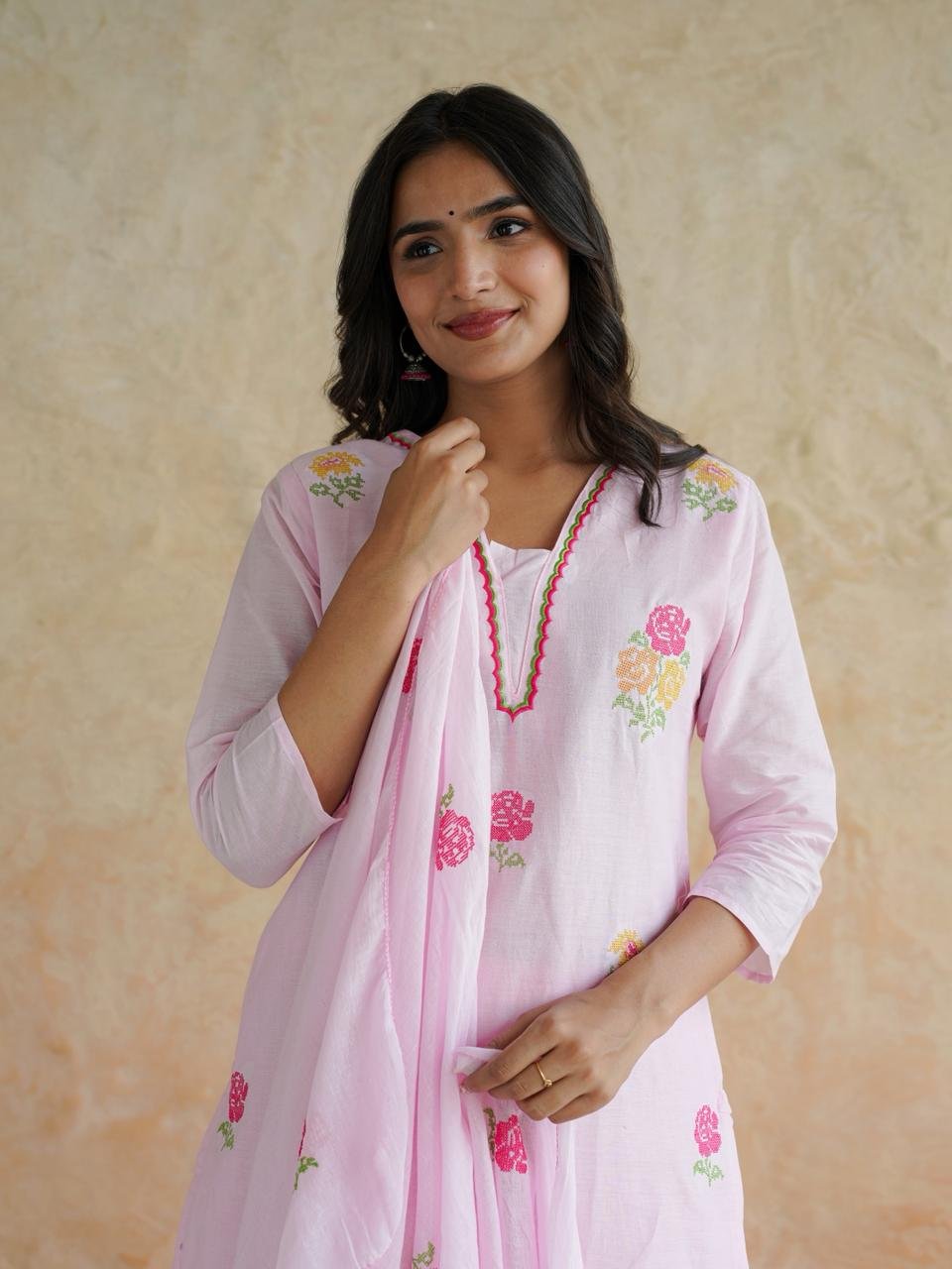 Pink Floral Cotton Kurta Pant Set with Dupatta