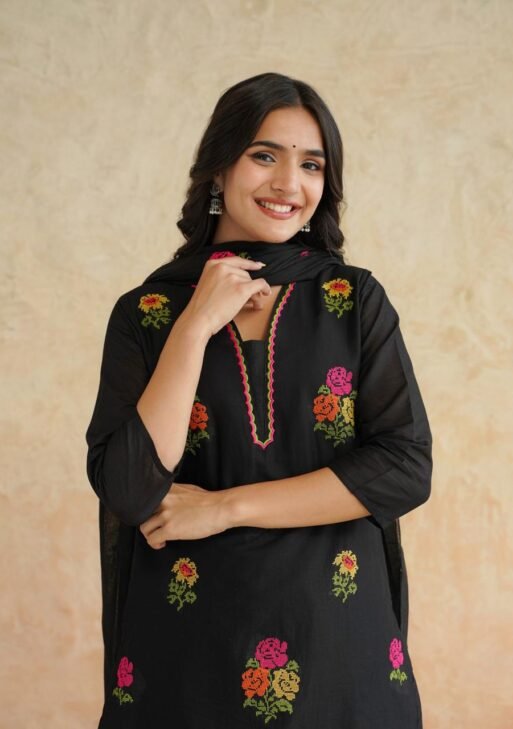 Black Floral Cotton Kurta Set with Dupatta