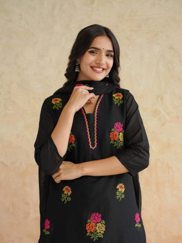 Black Floral Cotton Kurta Set with Dupatta