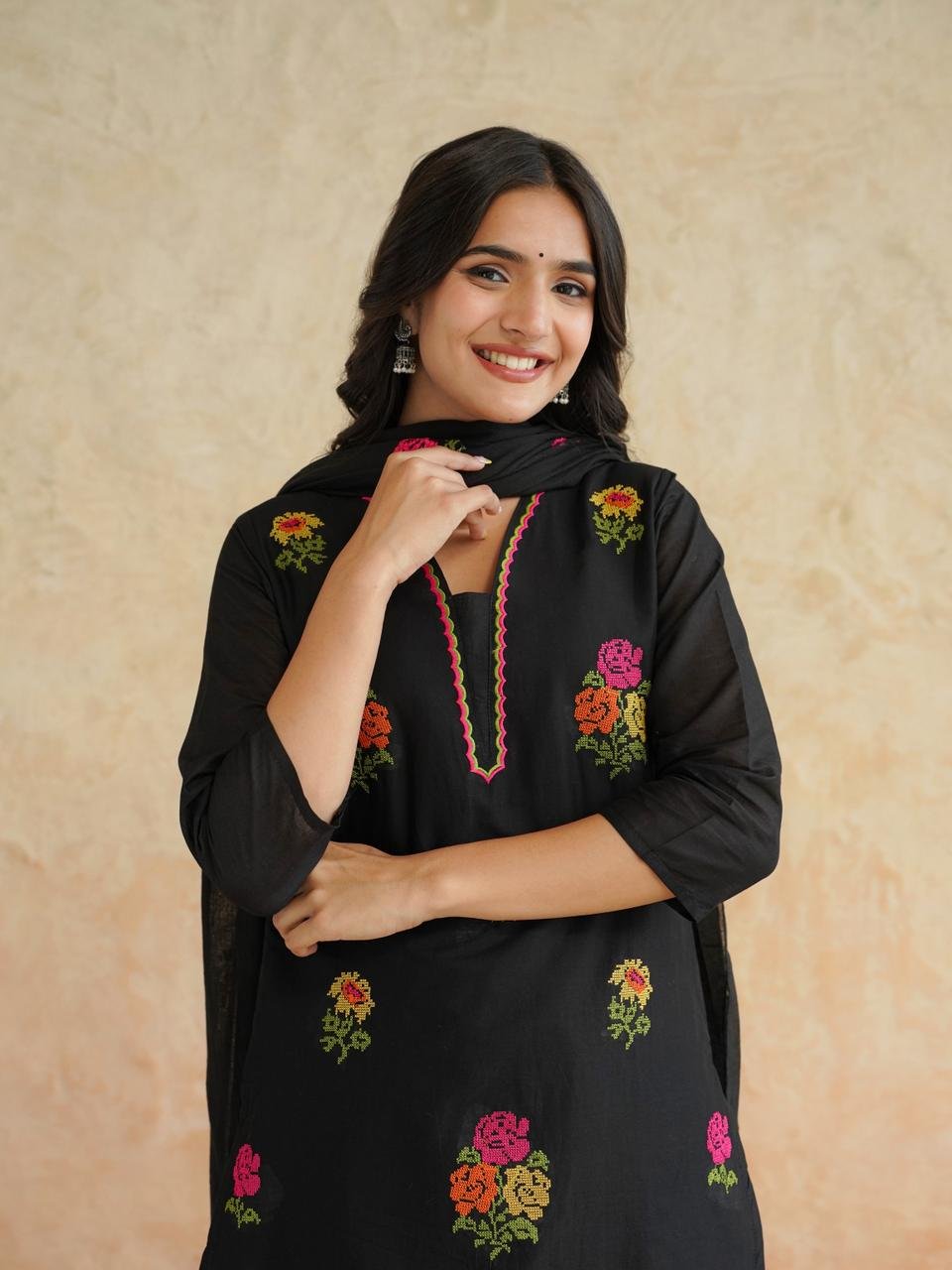Black Floral Cotton Kurta Set with Dupatta