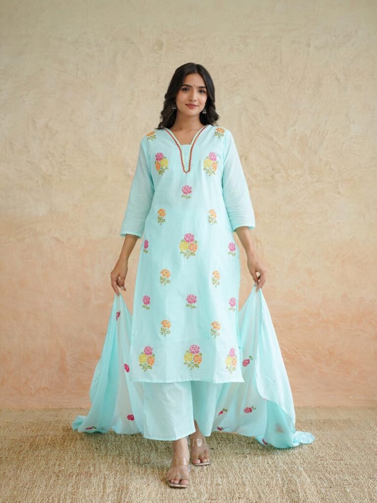 Sky Blue Cotton Kurta Pant Set with Dupatta