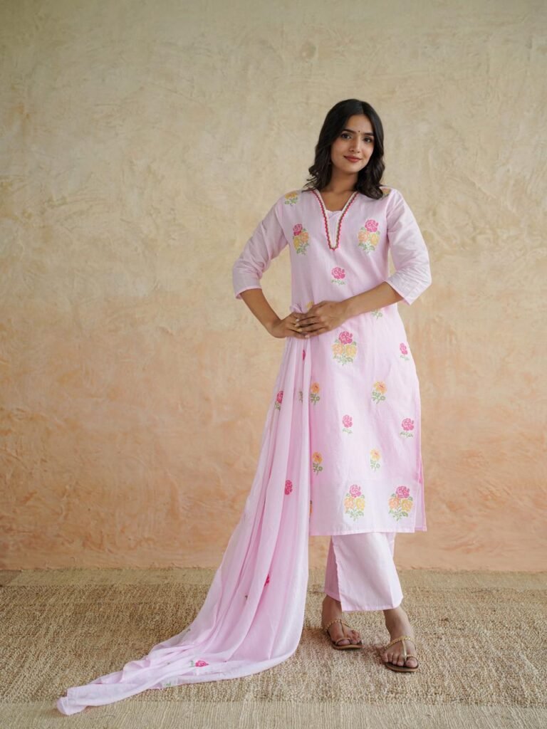 Pink Floral Cotton Kurta Pant Set with Dupatta