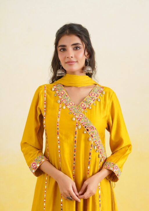 Yellow Embroidered Kurta Pant Dupatta Set for Women