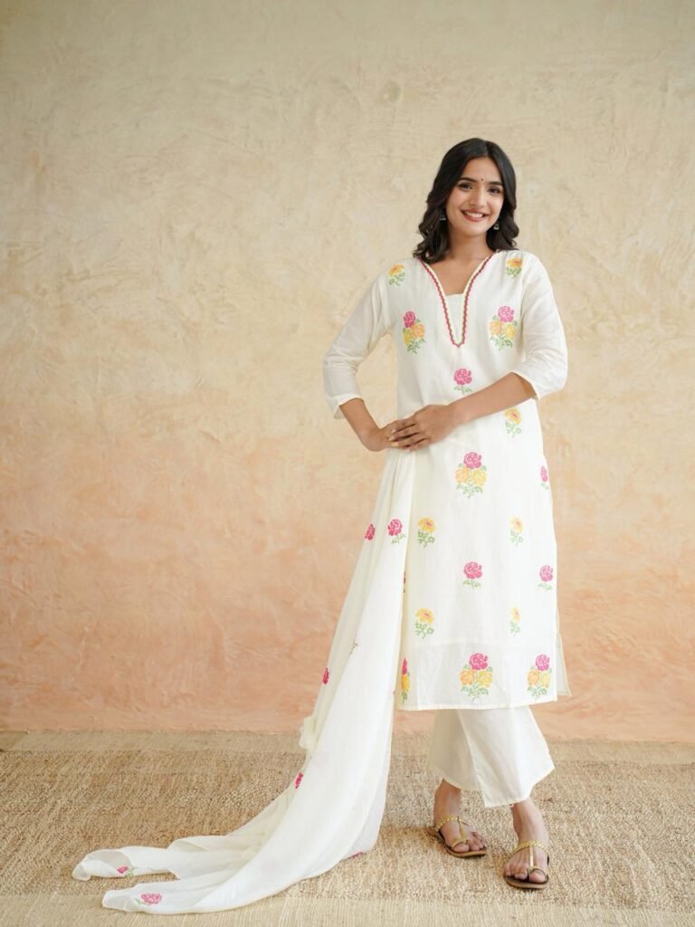 Ivory Floral Cotton Kurta Set with Dupatta