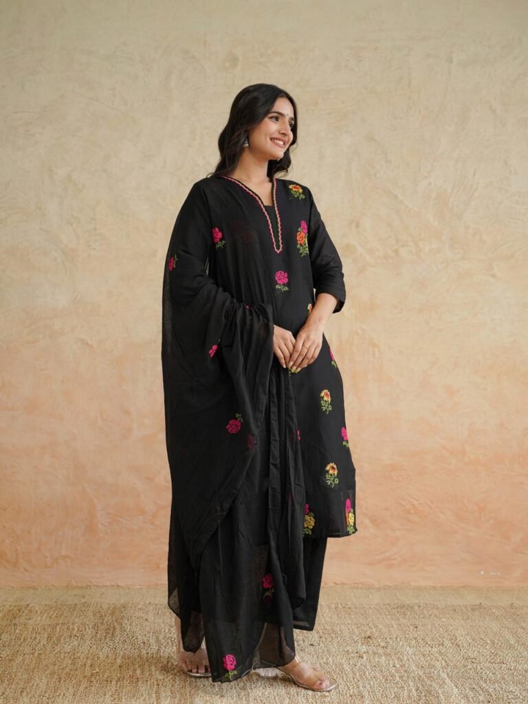 Black Floral Cotton Kurta Set with Dupatta