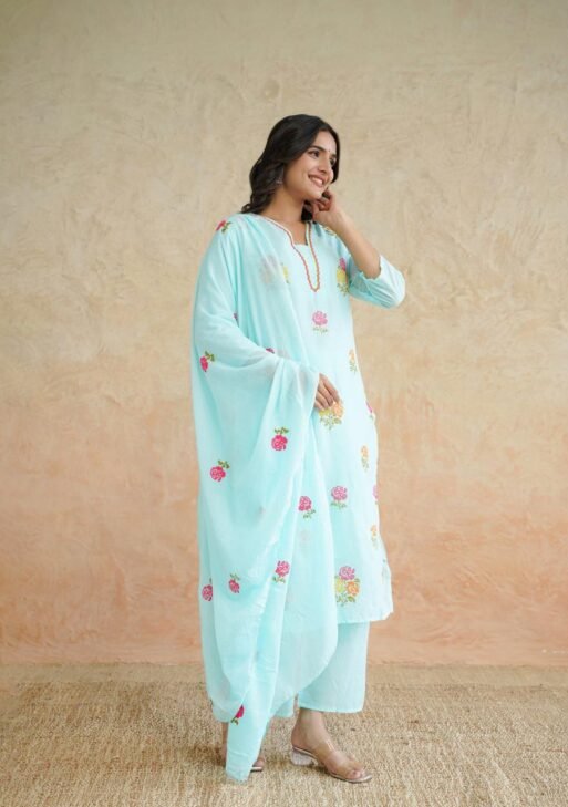Sky Blue Cotton Kurta Pant Set with Dupatta