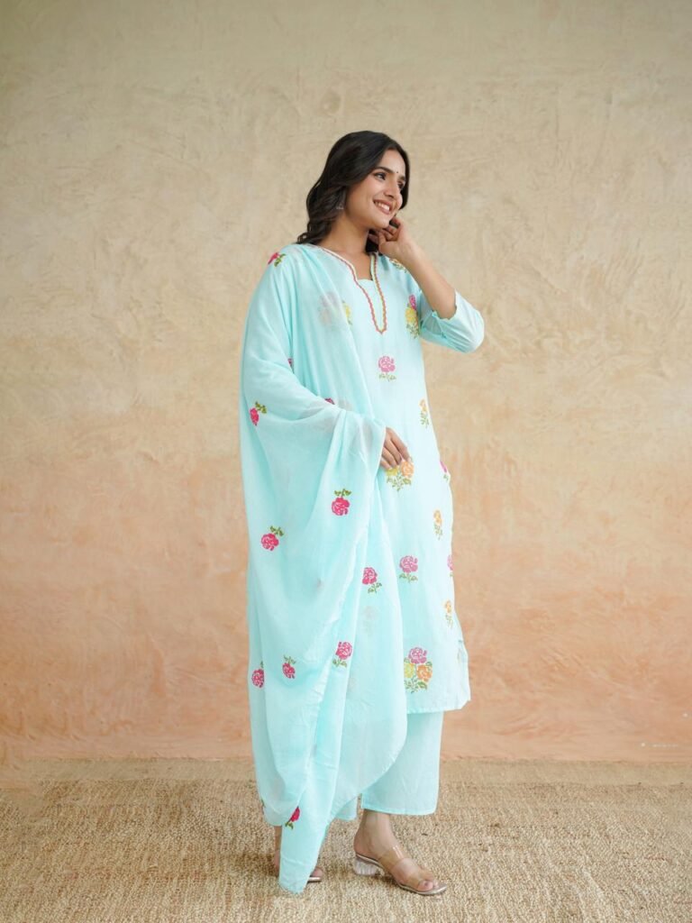Sky Blue Cotton Kurta Pant Set with Dupatta