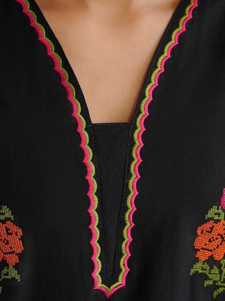 Black Floral Cotton Kurta Set with Dupatta