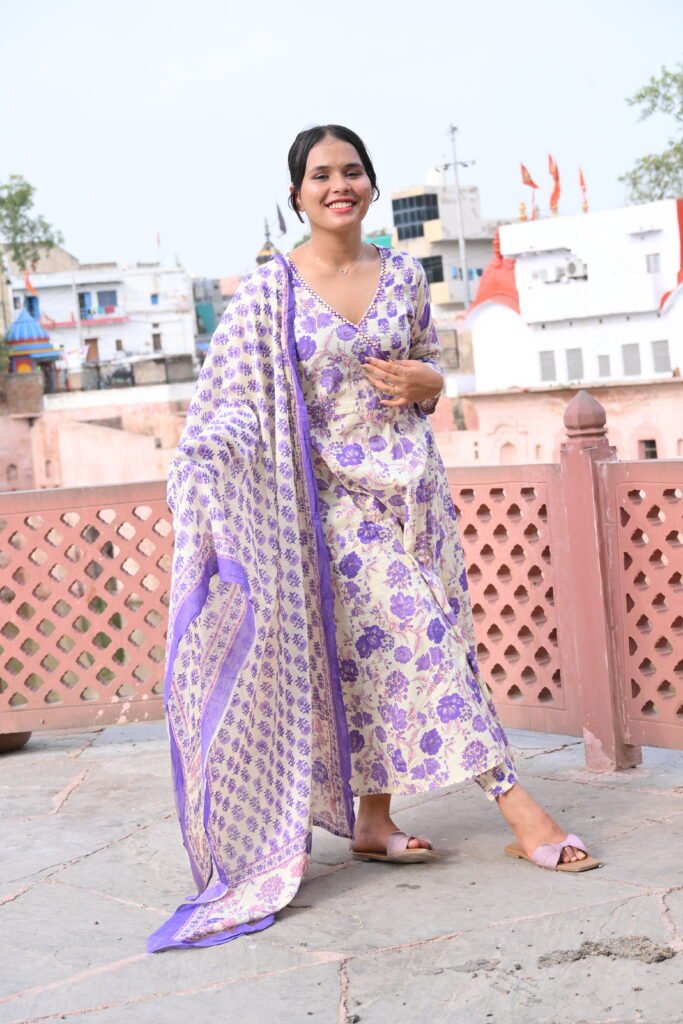 Lavender Bloom Cotton Kurta Set with Dupatta