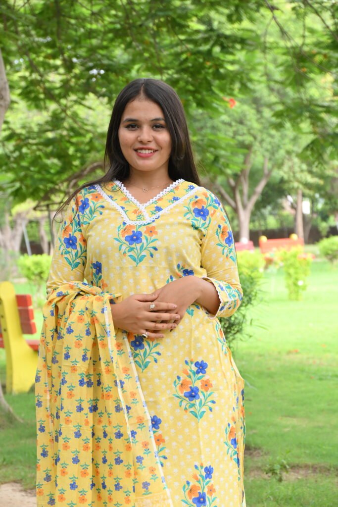 Yellow Floral Printed Kurta Pant Set with Dupatta for Women