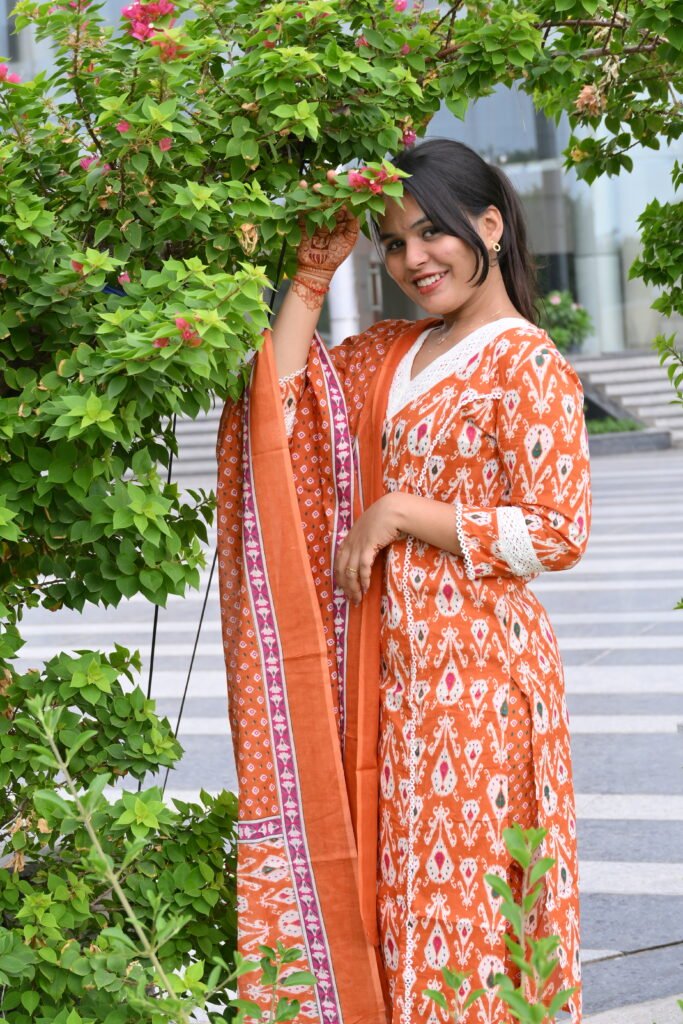 Orange Printed Kurta Pant Set with Dupatta for Women