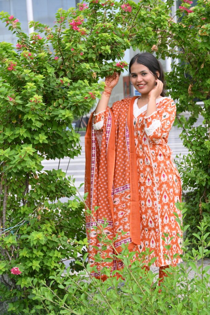 Orange Printed Kurta Pant Set with Dupatta for Women