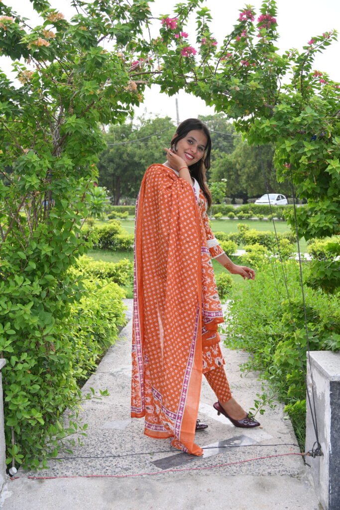 Orange Printed Kurta Pant Set with Dupatta for Women
