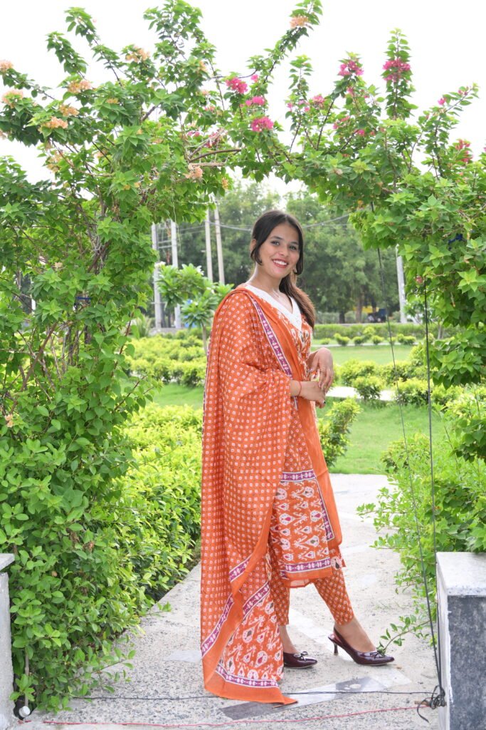 Orange Printed Kurta Pant Set with Dupatta for Women