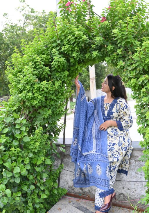 Blue Blossom Kurta Set with Dupatta