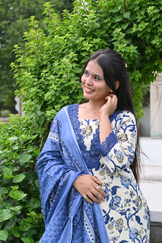Blue Blossom Kurta Set with Dupatta