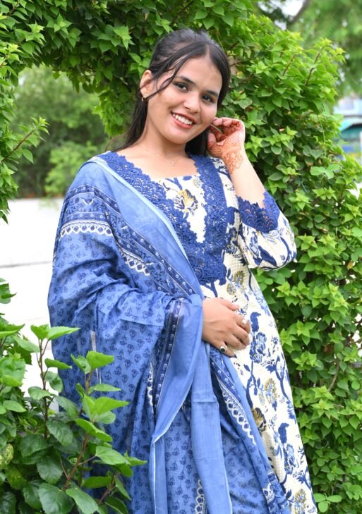 Blue Blossom Kurta Set with Dupatta