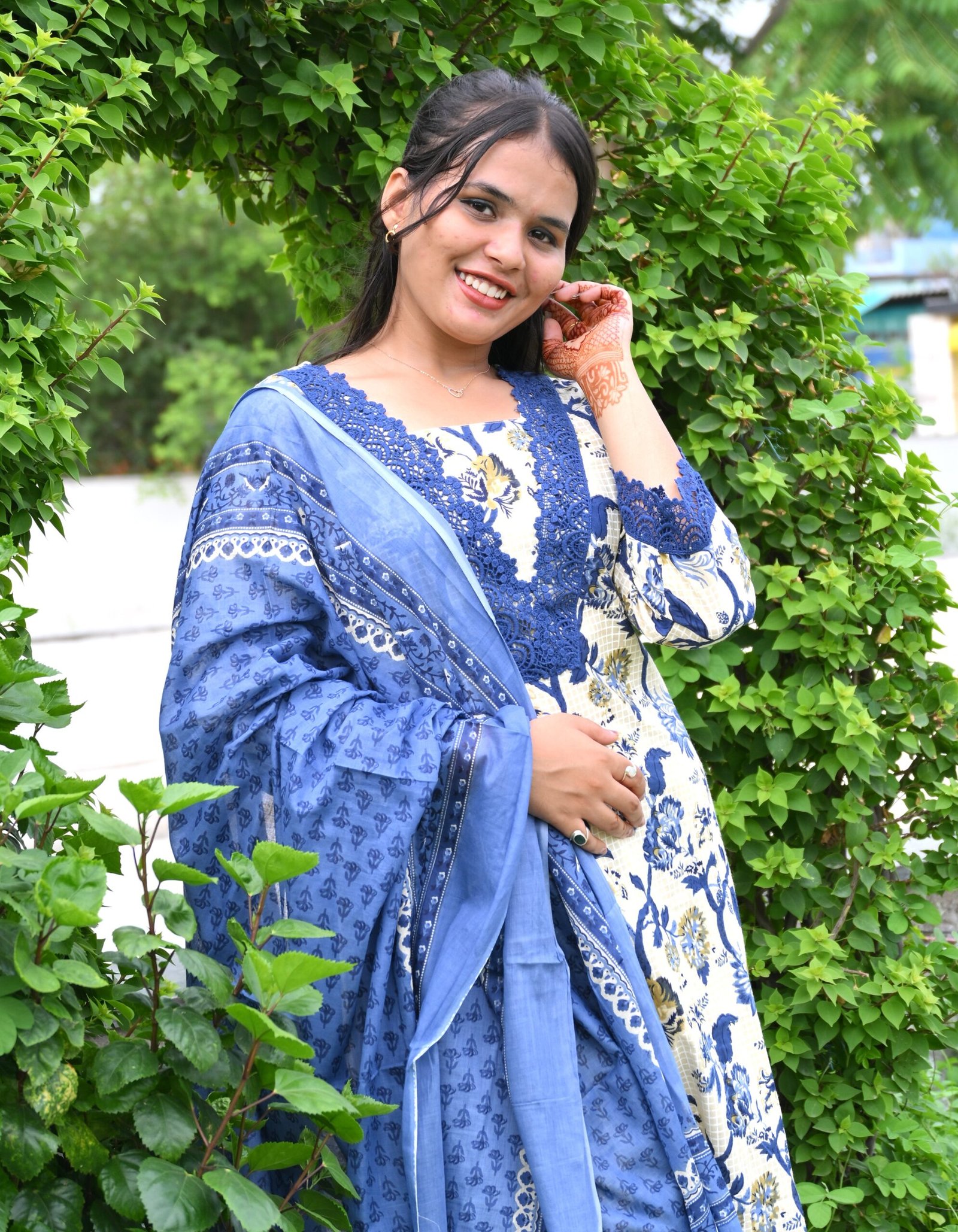 Blue Blossom Kurta Set with Dupatta